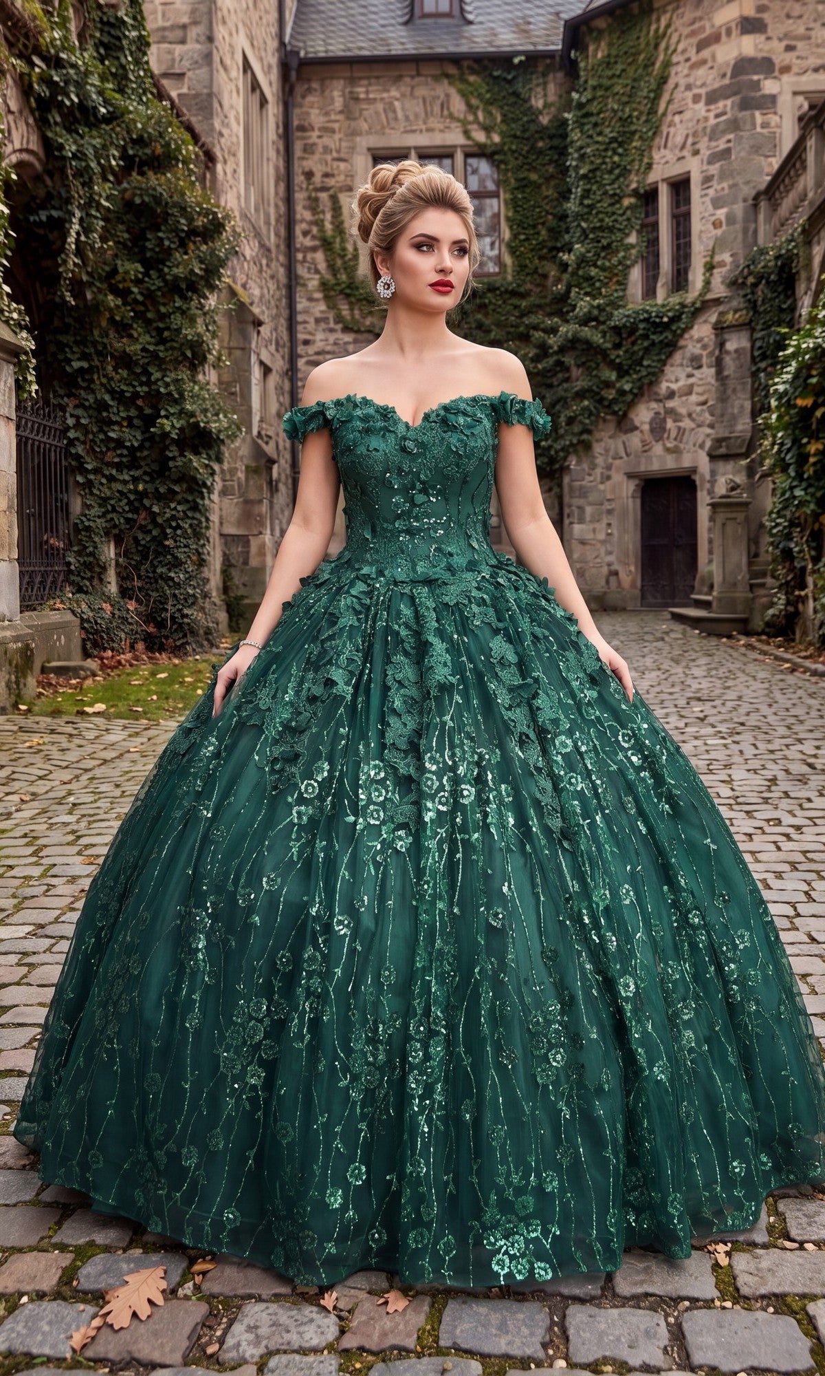 A woman in the Quinceanera Dress CHF3020 By Chicas, featuring a rich green hue and delicate 3D flower appliqué, stands on a cobblestone path between ivy-covered stone buildings, radiating modern elegance.